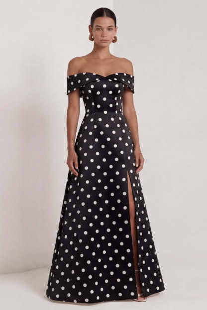 Leely Women Black White Dots A Line Off the Shoulder Long Wedding Guest Dress with Slit Backless Sleeveless Evening Dress
