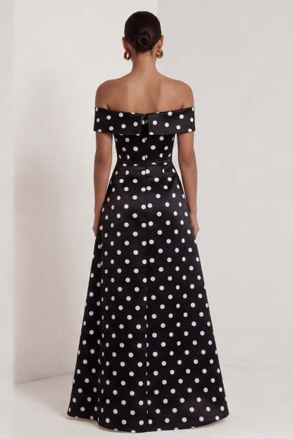 Black White Dots A Line Off the Shoulder Long Wedding Guest Dress with Slit
