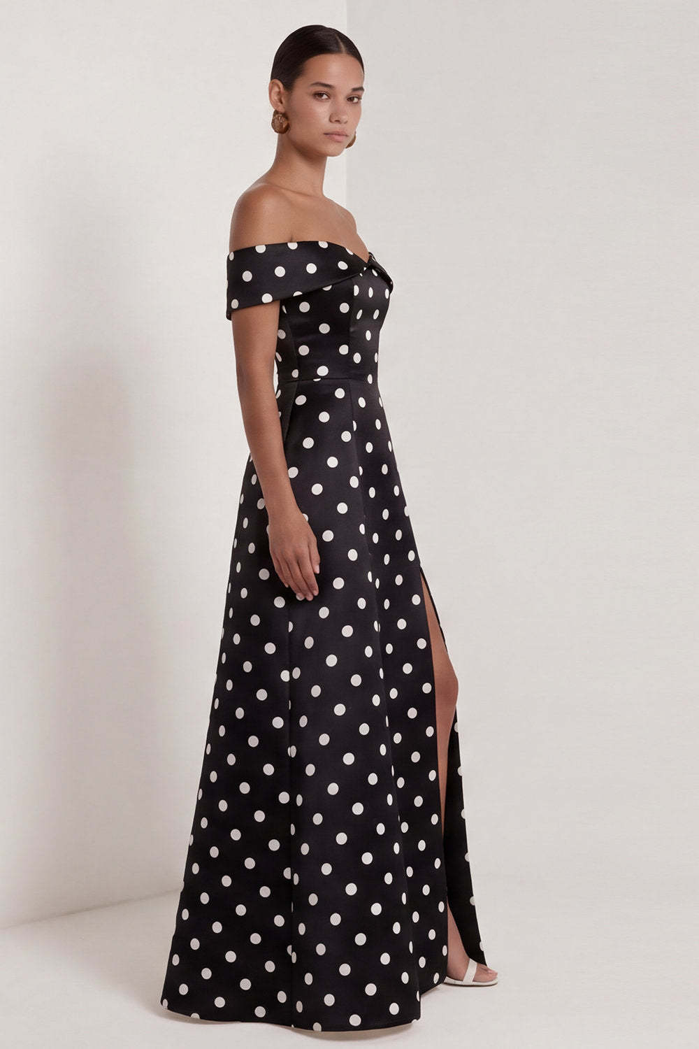 Black White Dots A Line Off the Shoulder Long Wedding Guest Dress with Slit