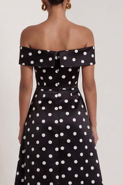 Black White Dots A Line Off the Shoulder Long Wedding Guest Dress with Slit