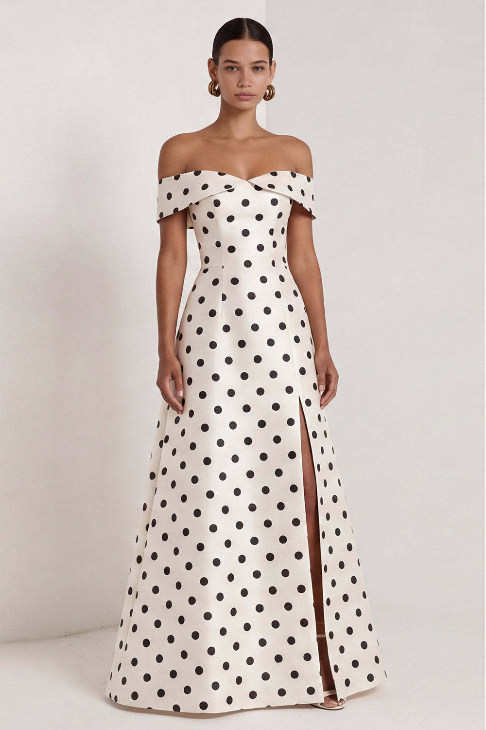 Black White Dots A Line Off the Shoulder Long Wedding Guest Dress with Slit