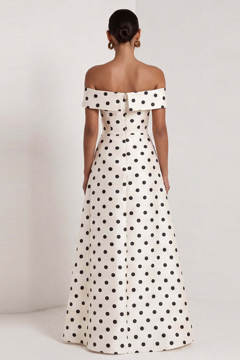 Black White Dots A Line Off the Shoulder Long Wedding Guest Dress with Slit