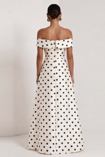 Black White Dots A Line Off the Shoulder Long Wedding Guest Dress with Slit