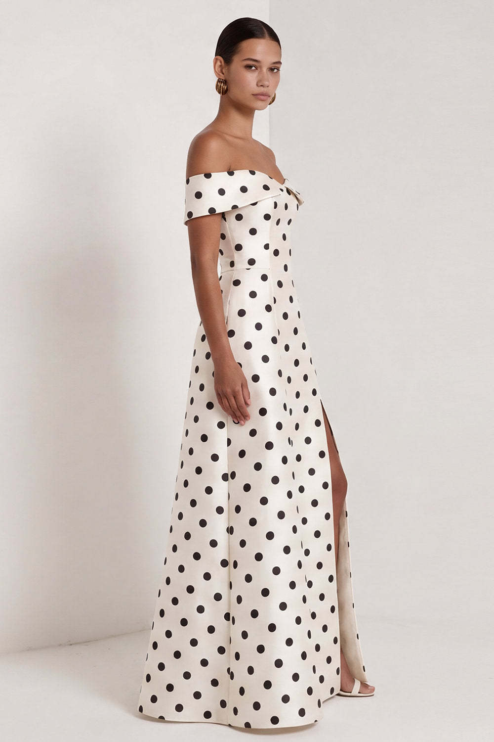 Black White Dots A Line Off the Shoulder Long Wedding Guest Dress with Slit