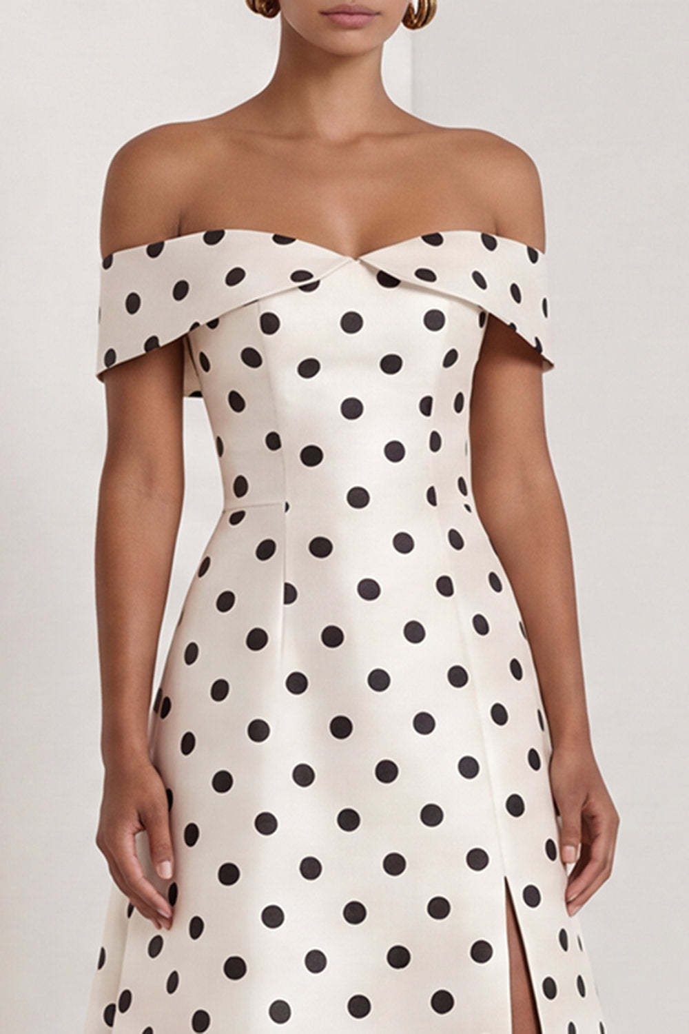 Black White Dots A Line Off the Shoulder Long Wedding Guest Dress with Slit