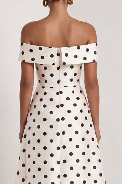 Black White Dots A Line Off the Shoulder Long Wedding Guest Dress with Slit