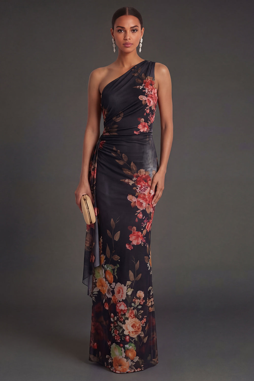 Leely Women Black Floral Sheath One Shoulder Long Formal Dress Ruched Backless Sleeveless Wedding Guest Dress