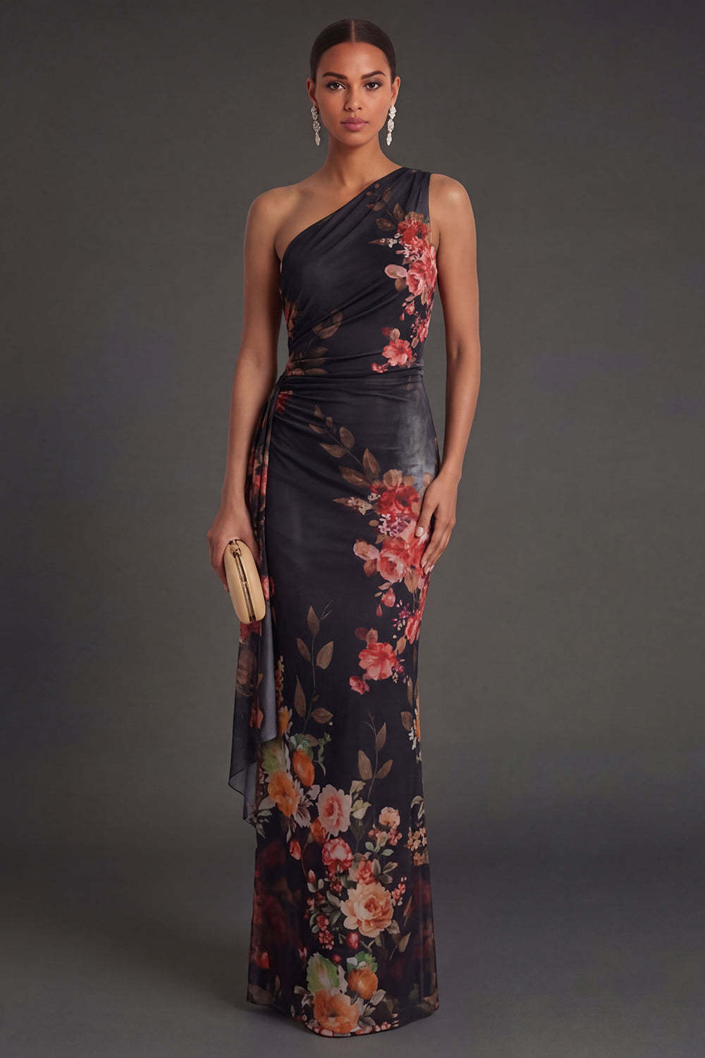 Leely Women Black Floral Sheath One Shoulder Long Formal Dress Ruched Backless Sleeveless Wedding Guest Dress