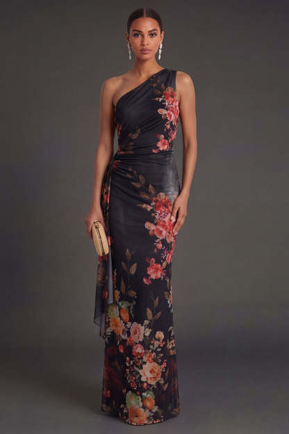 Leely Women Black Floral Sheath One Shoulder Long Formal Dress Ruched Backless Sleeveless Wedding Guest Dress