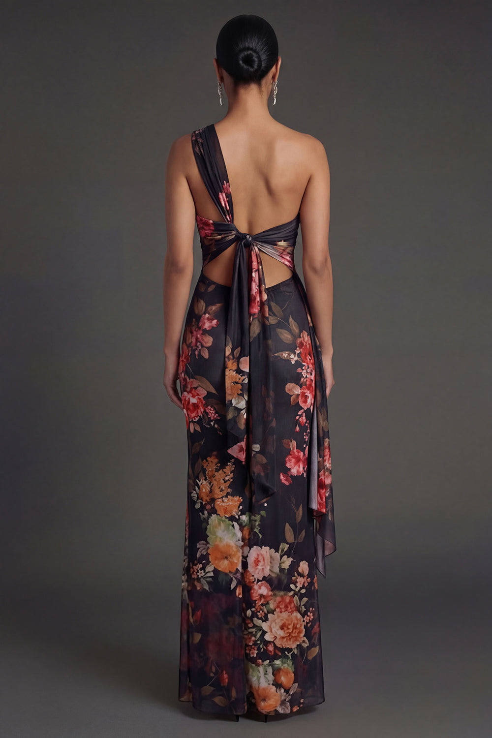 Black Floral Sheath One Shoulder Ruched Backless Long Formal Dress