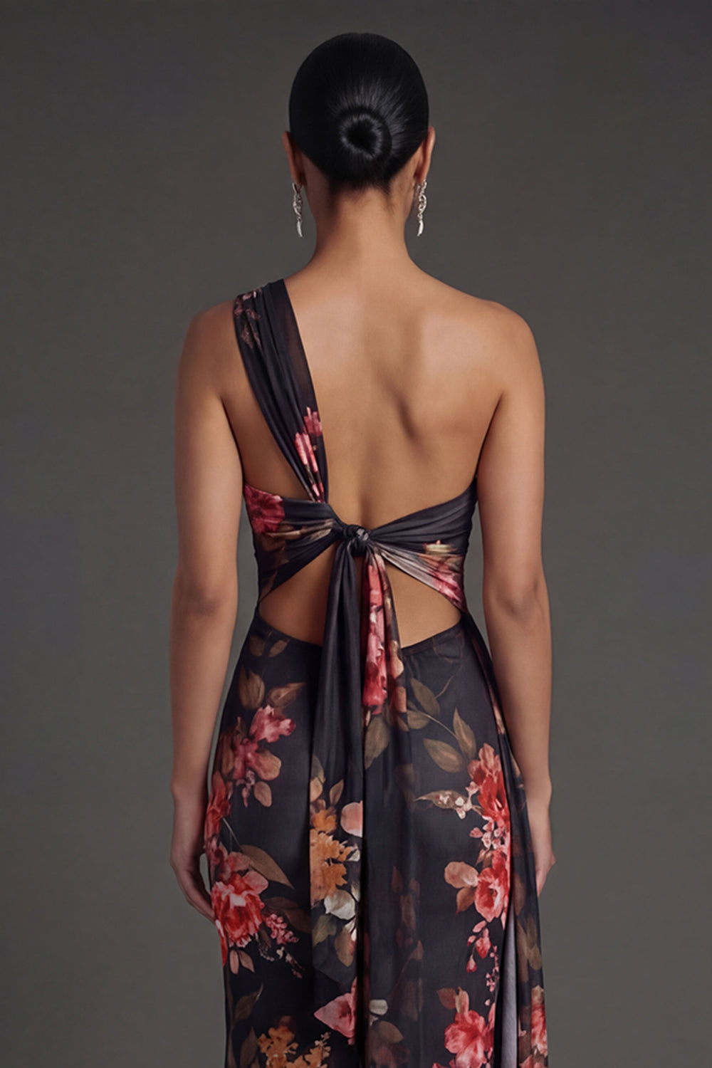 Black Floral Sheath One Shoulder Ruched Backless Long Formal Dress