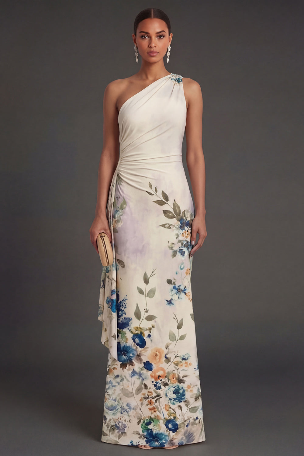 Black Floral Sheath One Shoulder Ruched Backless Long Formal Dress