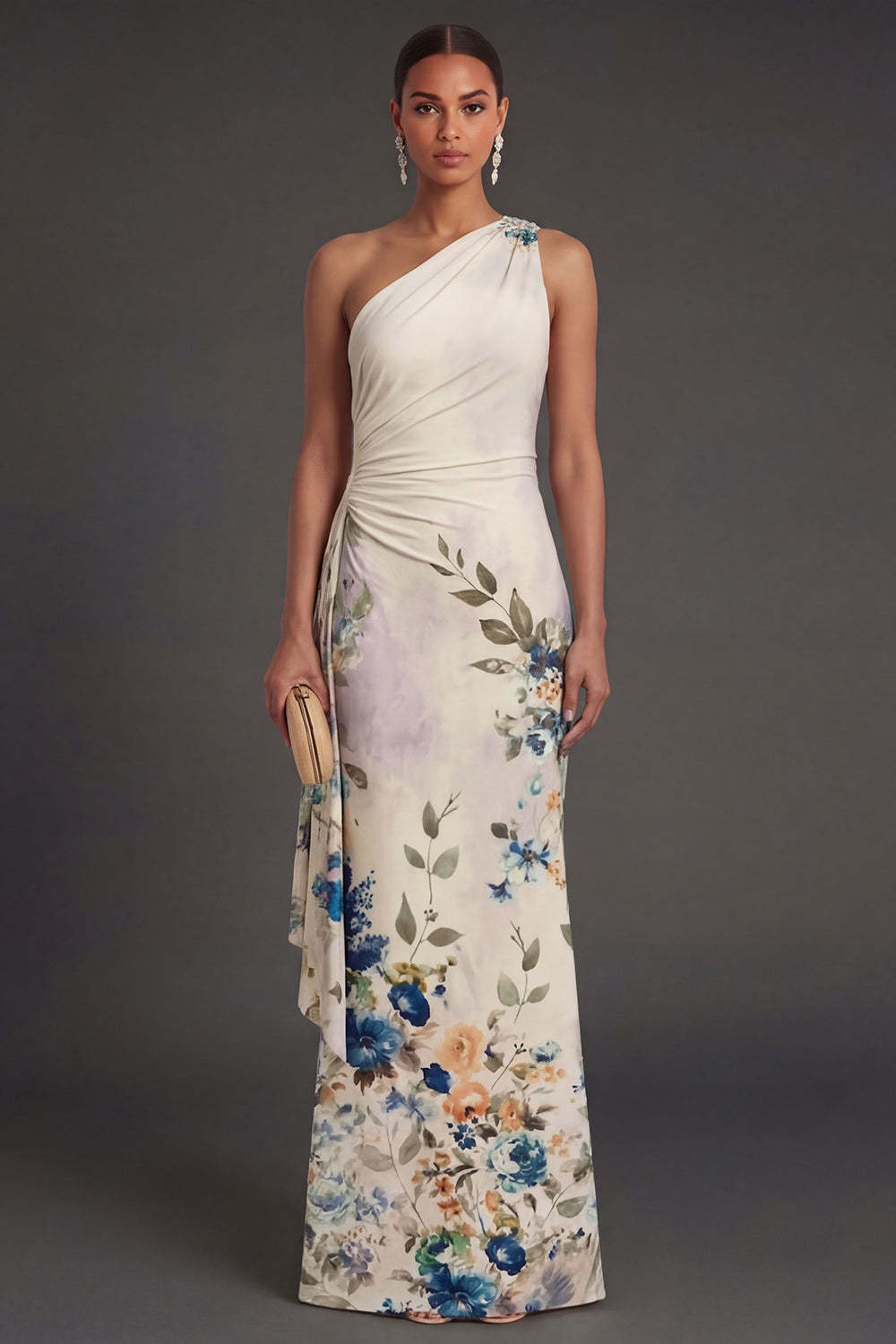 Black Floral Sheath One Shoulder Ruched Backless Long Formal Dress