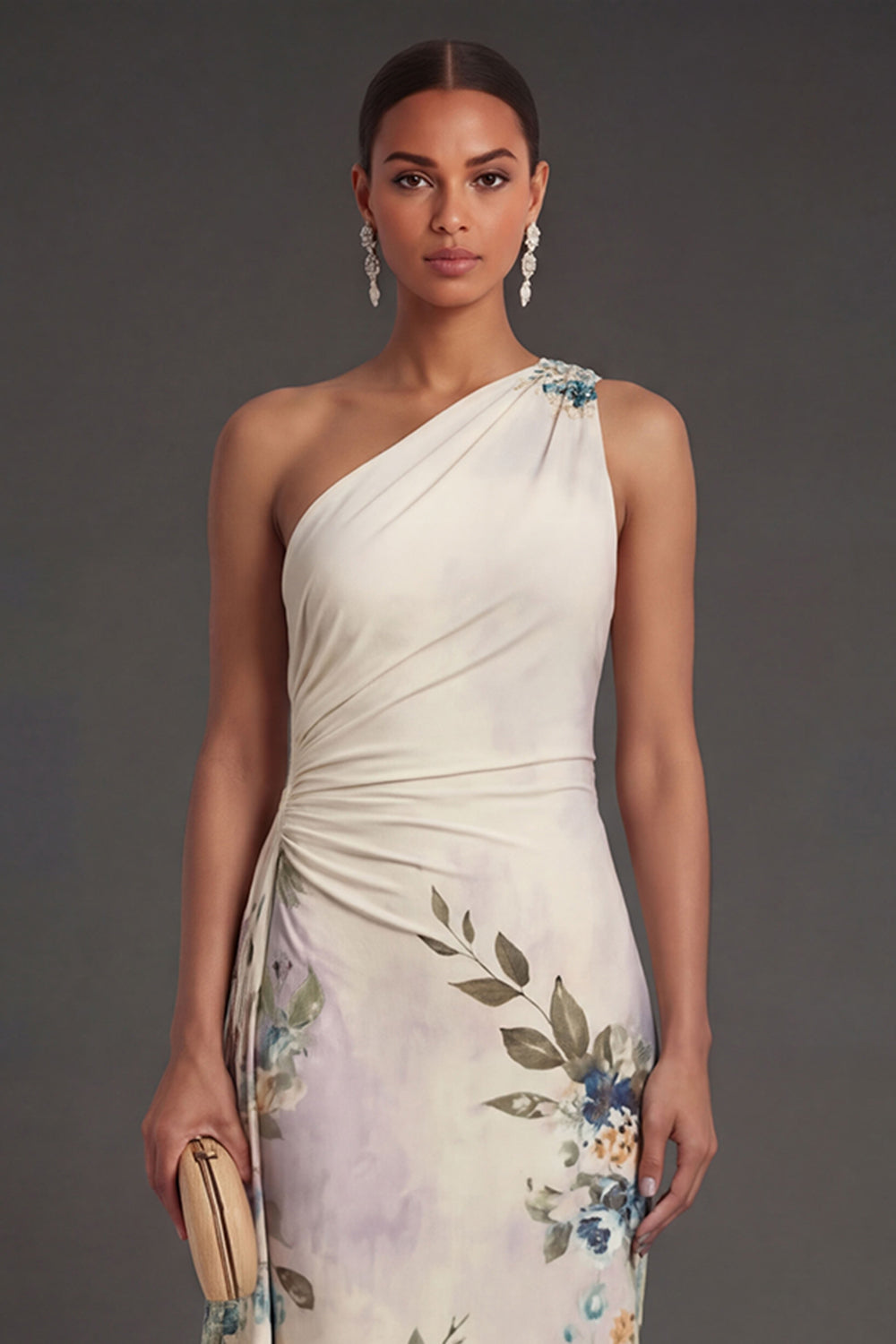 Black Floral Sheath One Shoulder Ruched Backless Long Formal Dress