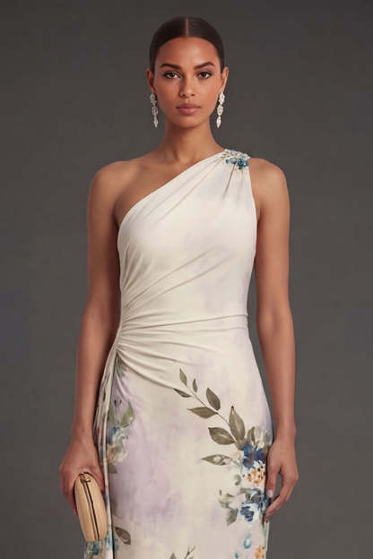 Black Floral Sheath One Shoulder Ruched Backless Long Formal Dress