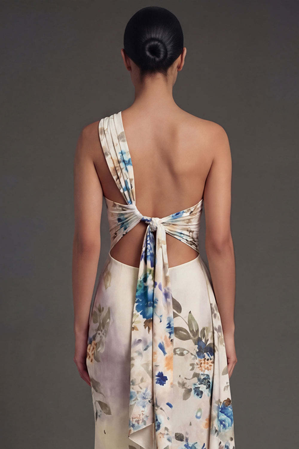 Black Floral Sheath One Shoulder Ruched Backless Long Formal Dress