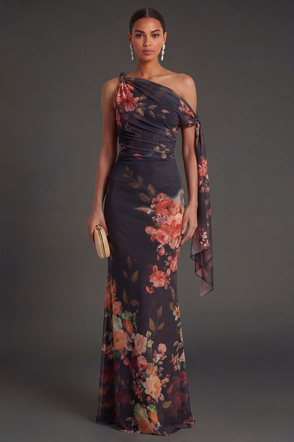 Leely Women Floral Black Sheath One Shoulder Long Formal Dress Ruched Backless Sleeveless Wedding Guest Dress