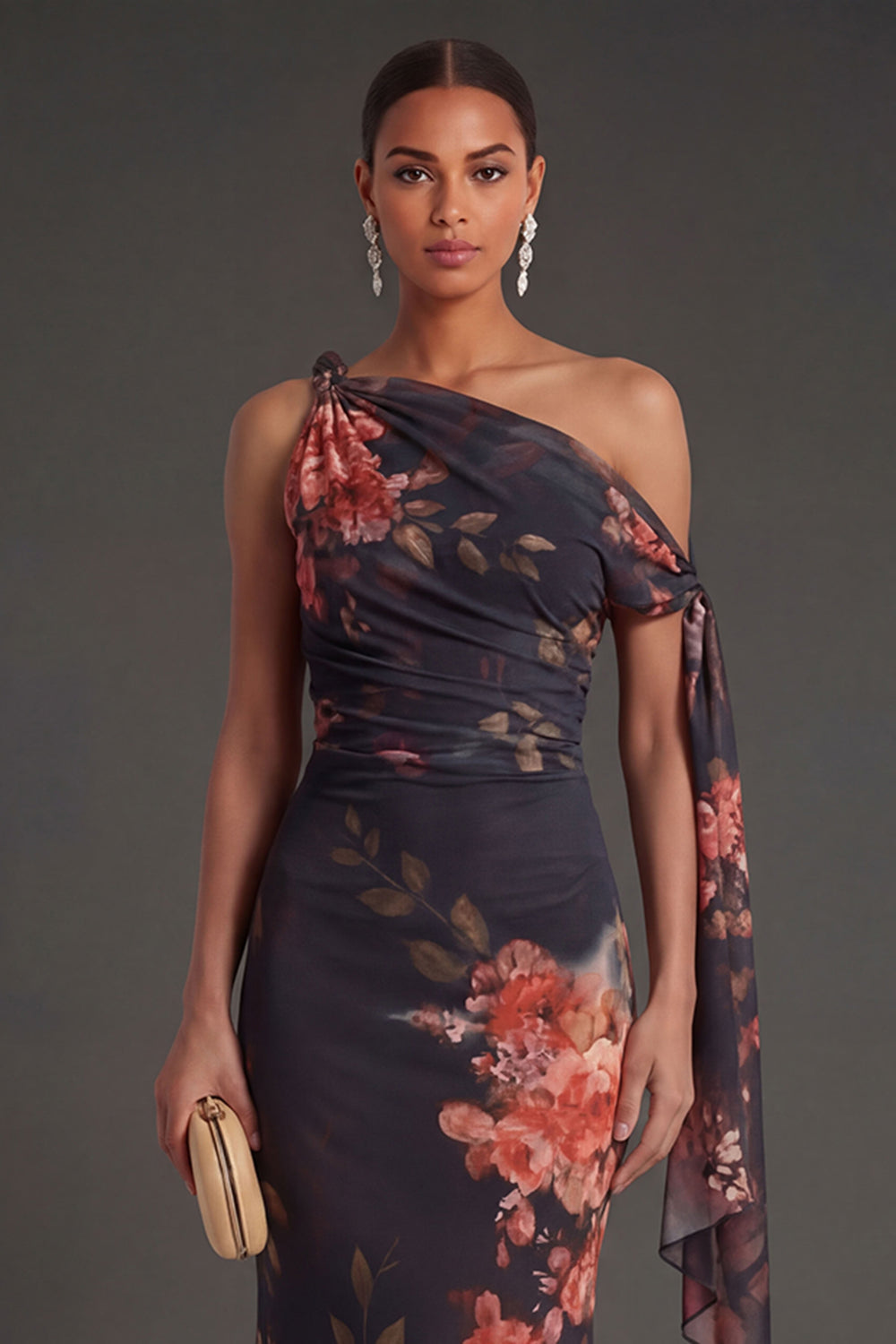 Floral Black Sheath One Shoulder Ruched Long Formal Dress