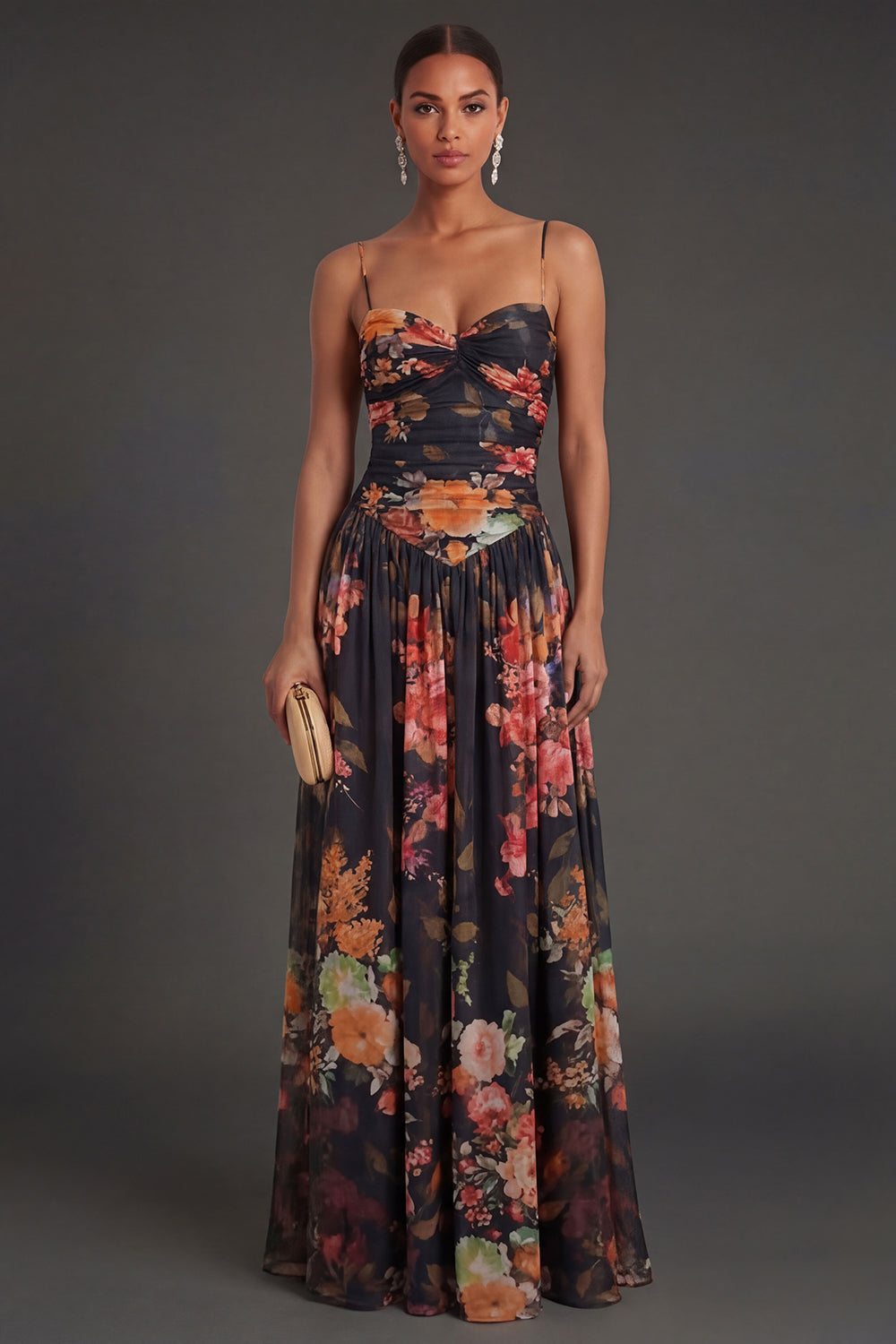Leely Women Floral Black A Line Spaghetti Straps Long Formal Dress Backless High Waist Sleeveless Wedding Guest Dress