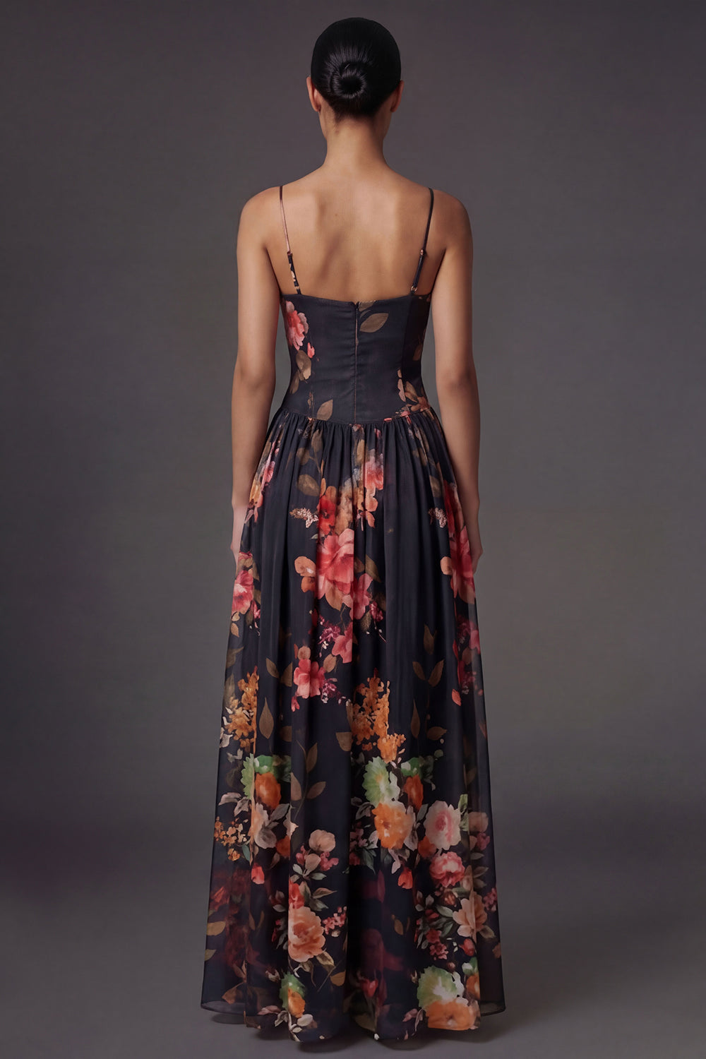 Floral Black A Line Spaghetti Straps Backless Long Formal Dress