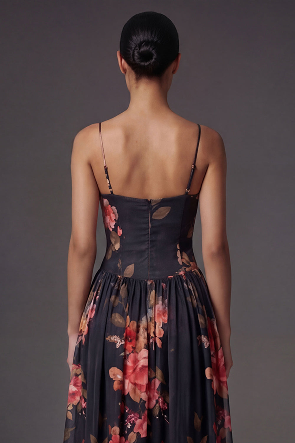 Floral Black A Line Spaghetti Straps Backless Long Formal Dress