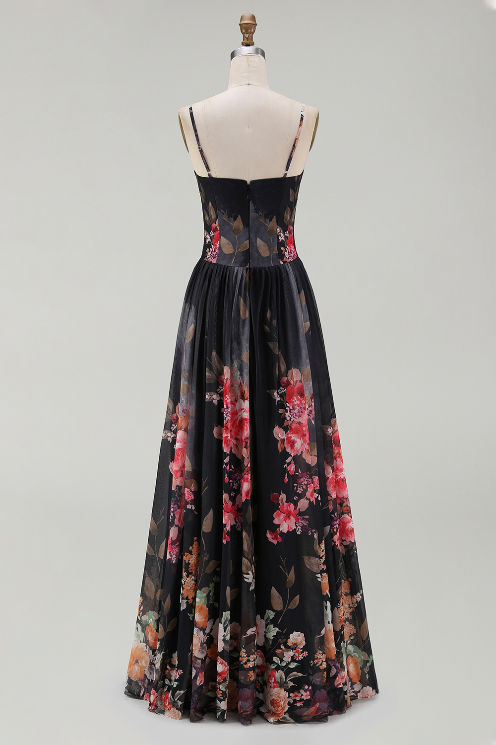 Floral Black A Line Spaghetti Straps Backless Long Formal Dress