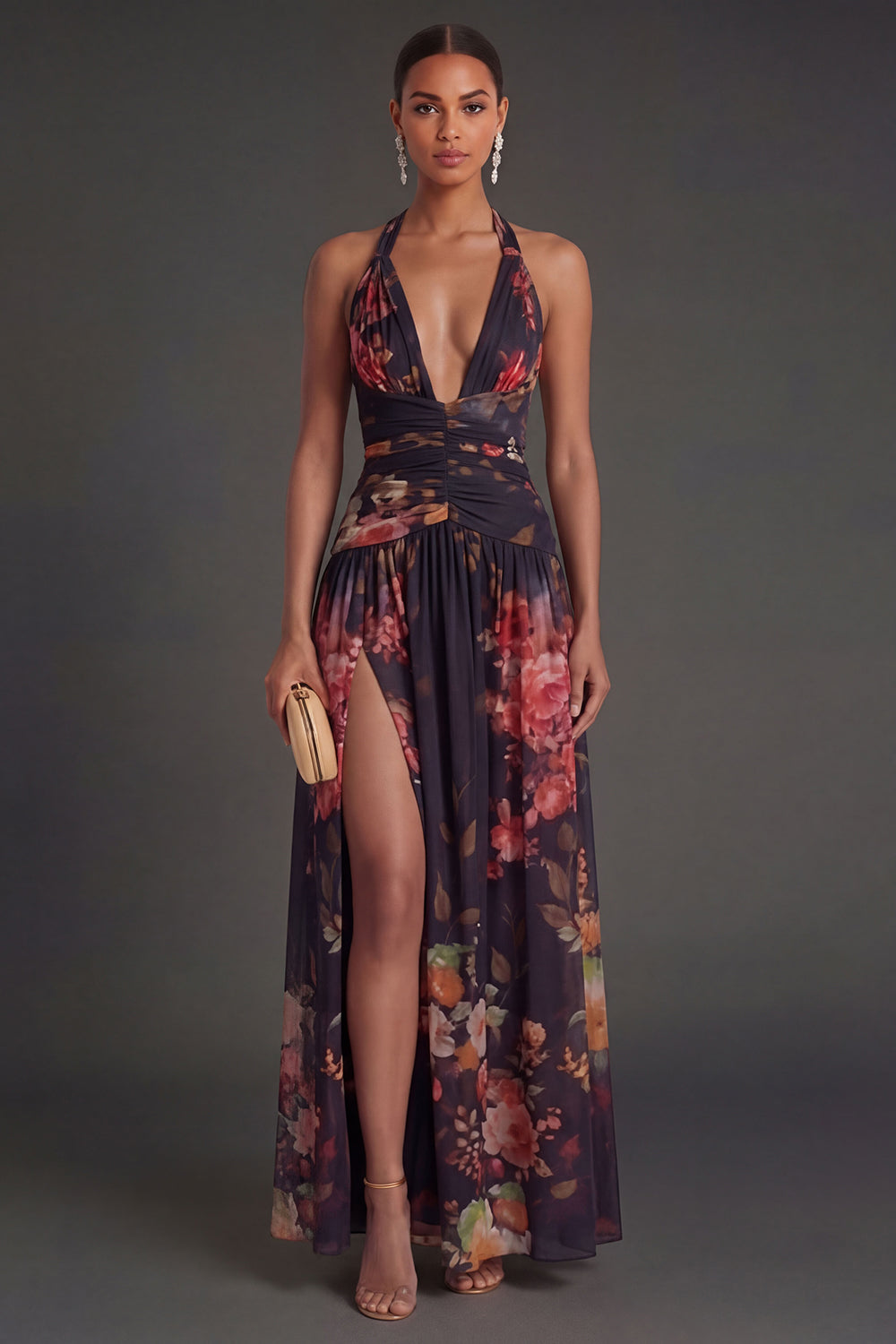 Leely Women Halter Neck Floral Black A Line Long Formal Dress with Slit Backless Sleeveless Wedding Guest Dress