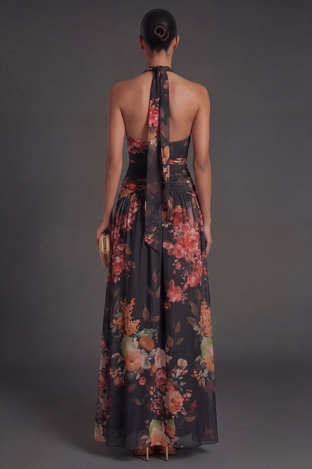 Halter Neck Floral Black A Line Long Formal Dress with Slit
