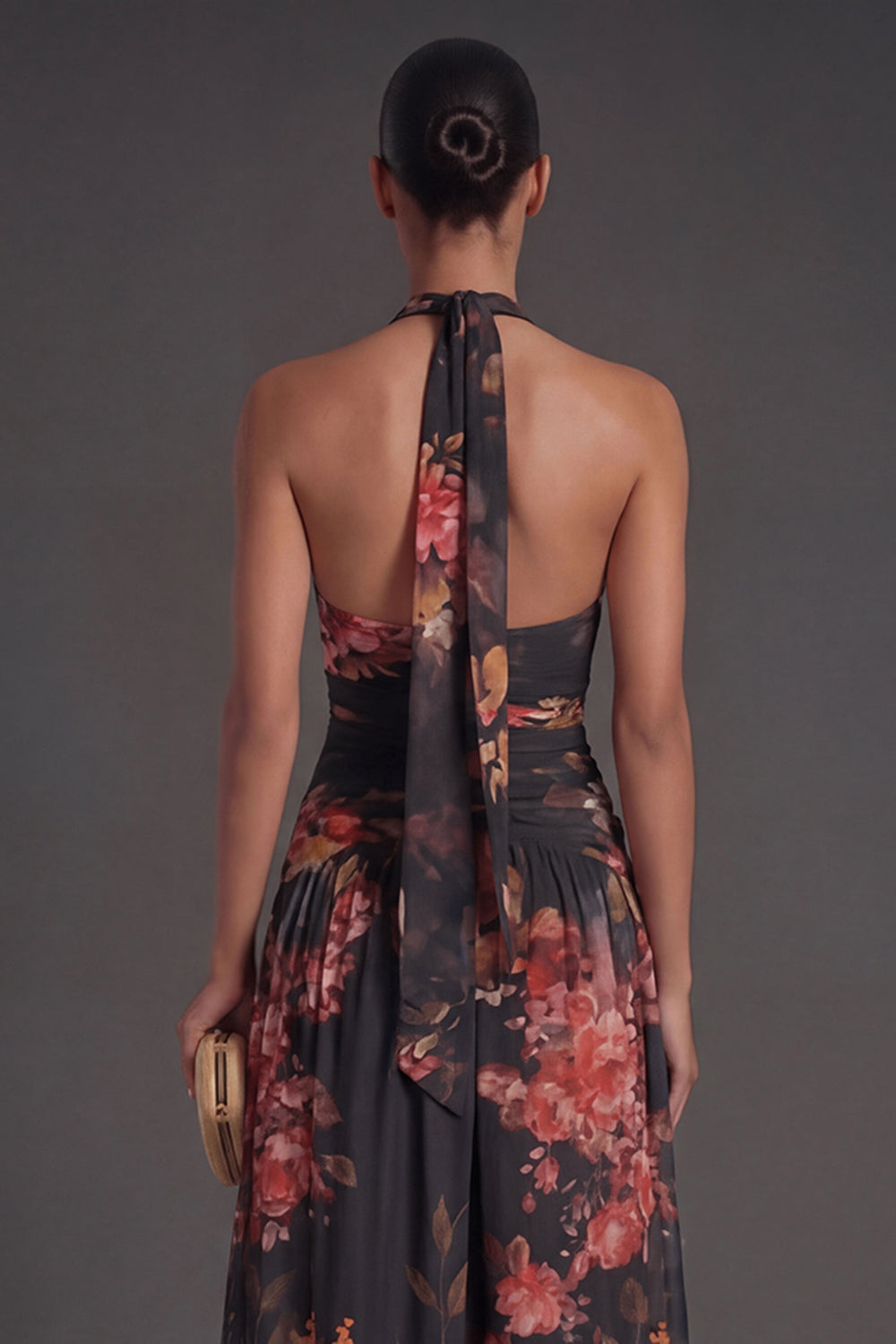 Halter Neck Floral Black A Line Long Formal Dress with Slit