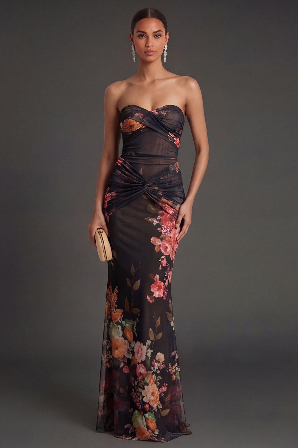 Leely Women Sheath Black Floral Sweetheart Long Formal Dress Ruched Backless Sleeveless Wedding Guest Dress