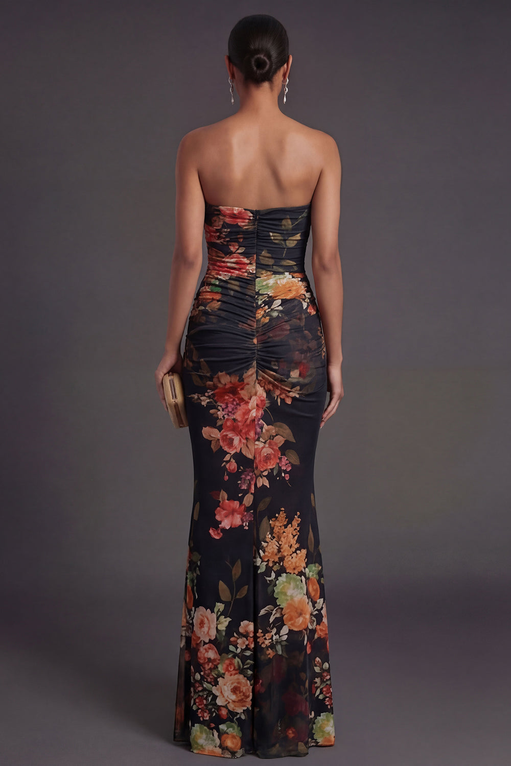Sheath Black Floral Sweetheart Ruched Backless Long Formal Dress