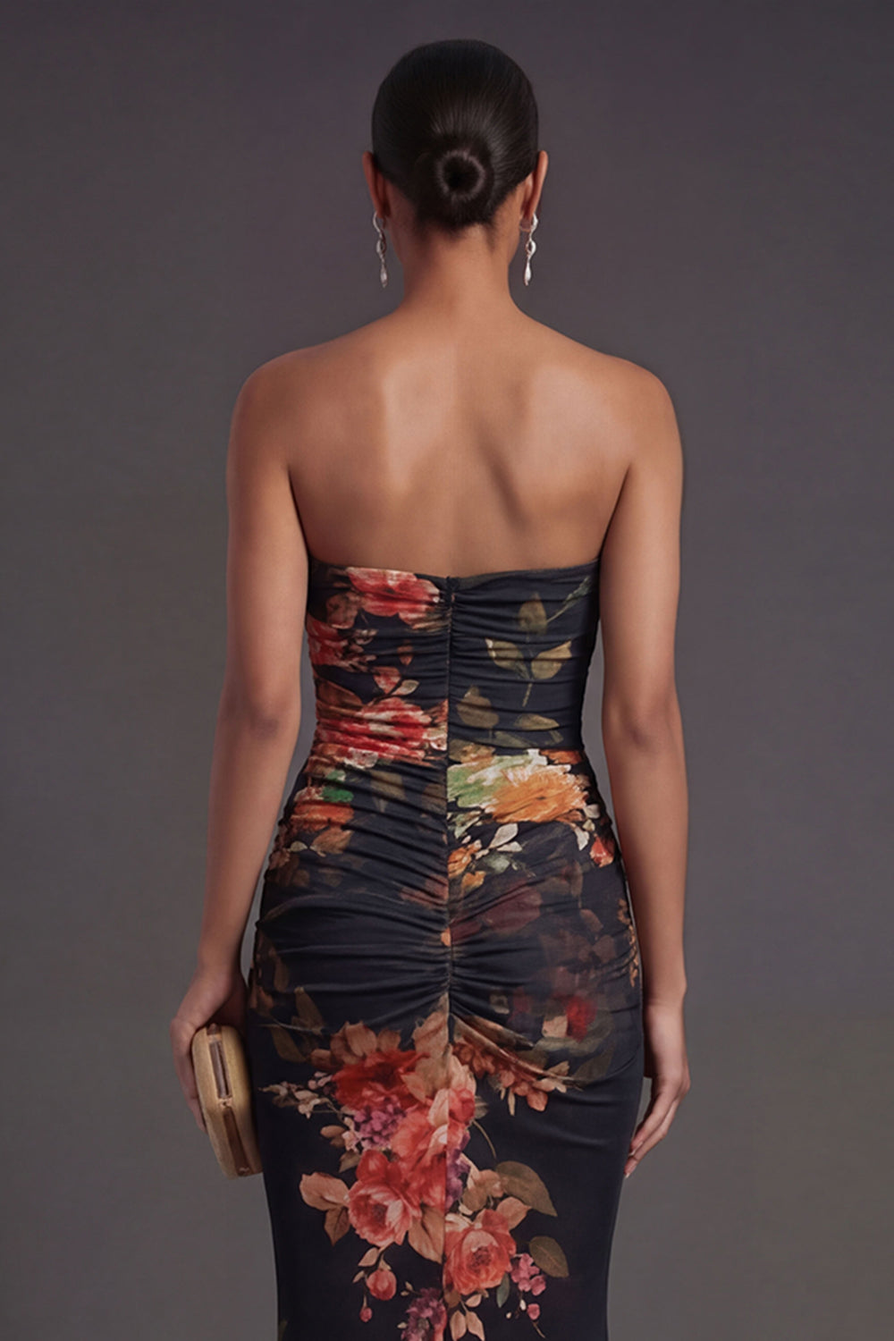 Sheath Black Floral Sweetheart Ruched Backless Long Formal Dress