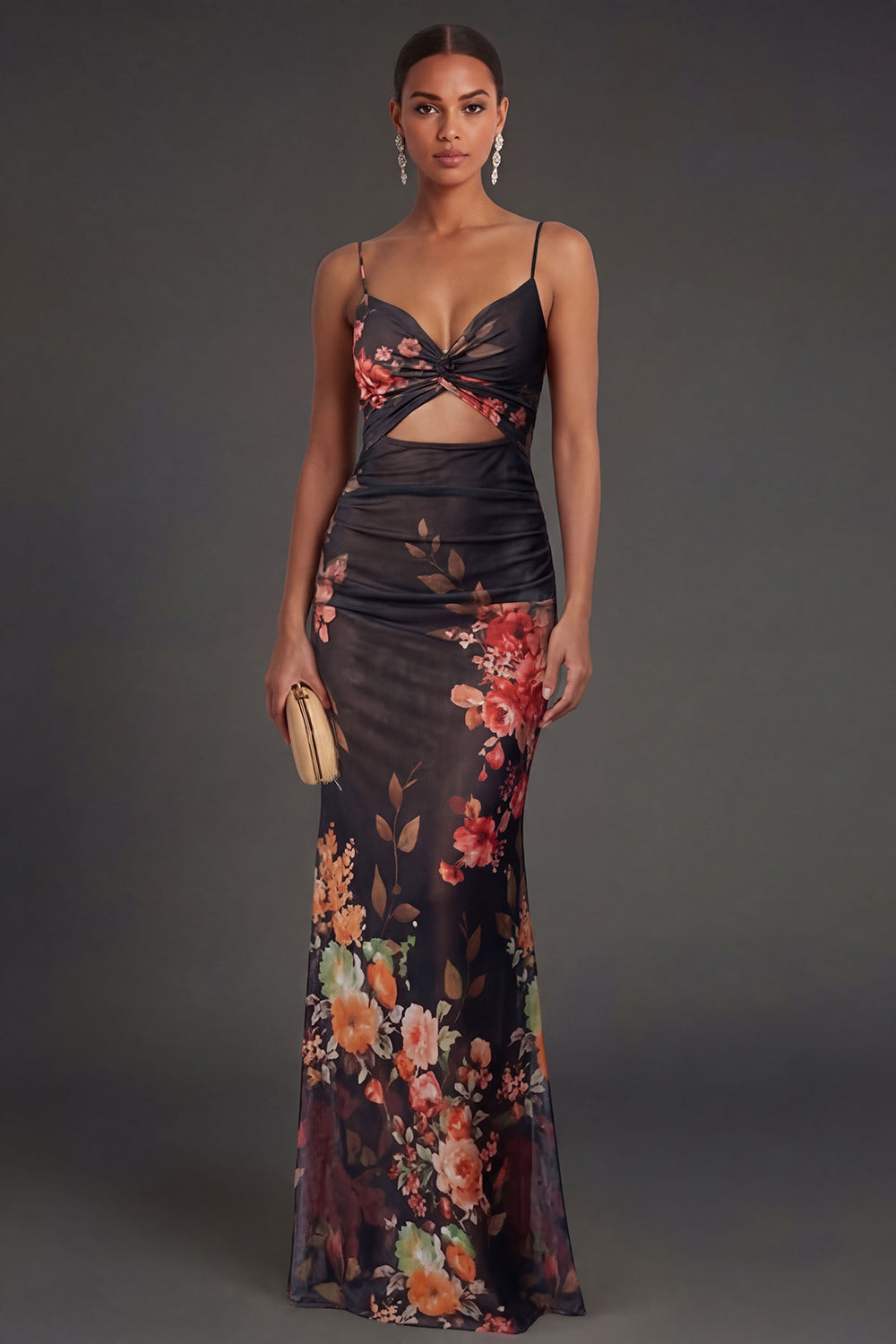 Leely Women Spaghetti Straps Sheath Floral Black Long Formal Dress Keyhole Ruched Backless Wedding Guest Dress