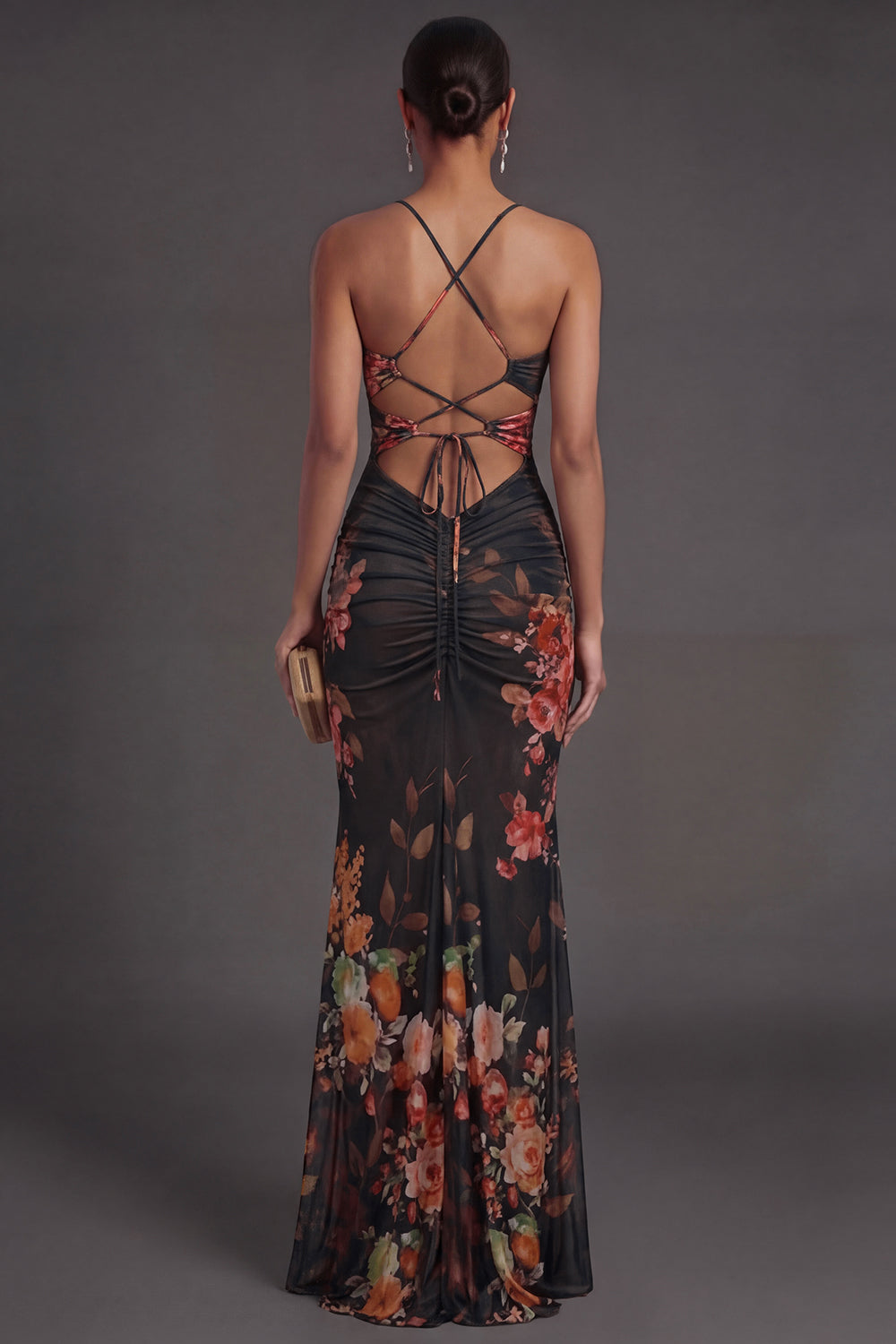 Spaghetti Straps Sheath Floral Black Keyhole Long Formal Dress