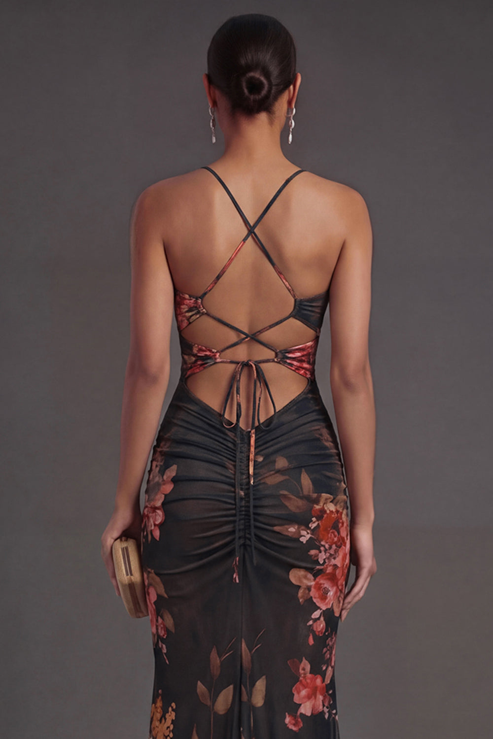 Spaghetti Straps Sheath Floral Black Keyhole Long Formal Dress