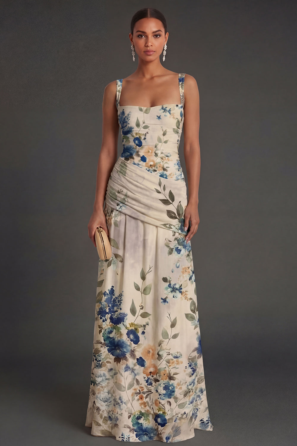 Ivory Floral A Line Thick Straps Ruched Backless Long Formal Dress