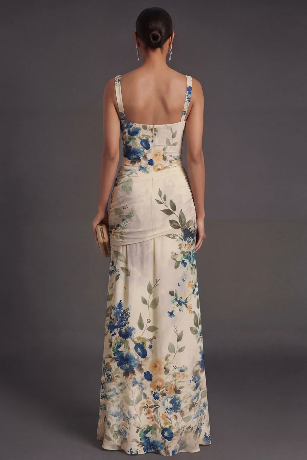 Ivory Floral A Line Thick Straps Ruched Backless Long Formal Dress