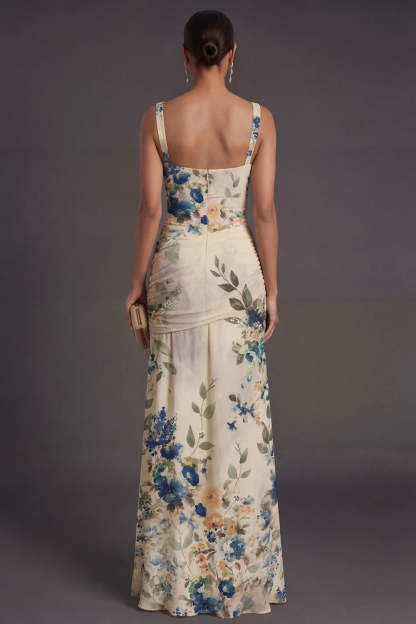 Ivory Floral A Line Thick Straps Ruched Backless Long Formal Dress