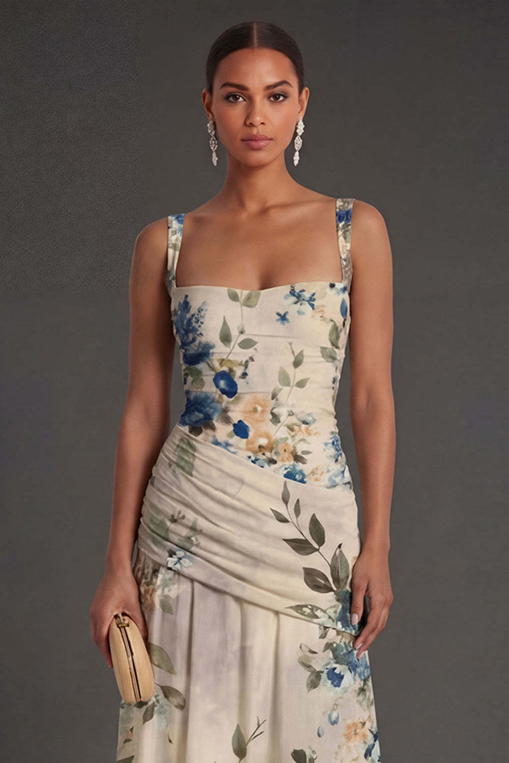 Ivory Floral A Line Thick Straps Ruched Backless Long Formal Dress