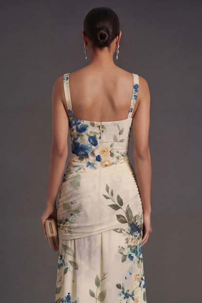 Ivory Floral A Line Thick Straps Ruched Backless Long Formal Dress