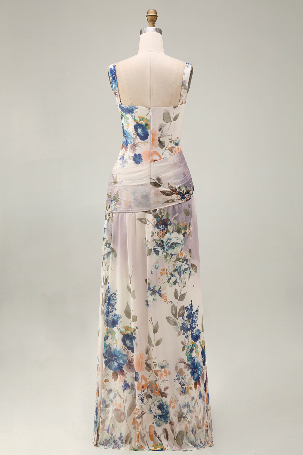 Ivory Floral A Line Thick Straps Ruched Backless Long Formal Dress