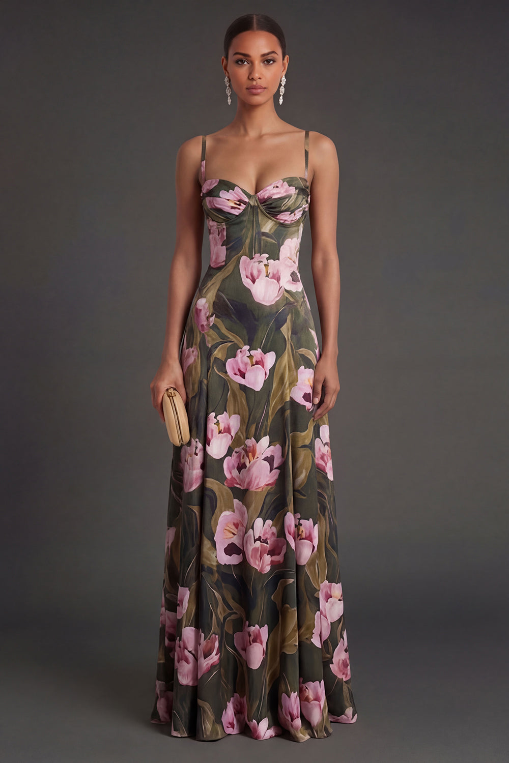 Leely Women Olive A Line Floral Spaghetti Straps Long Formal Dress Backless Sleeveless Wedding Guest Dress