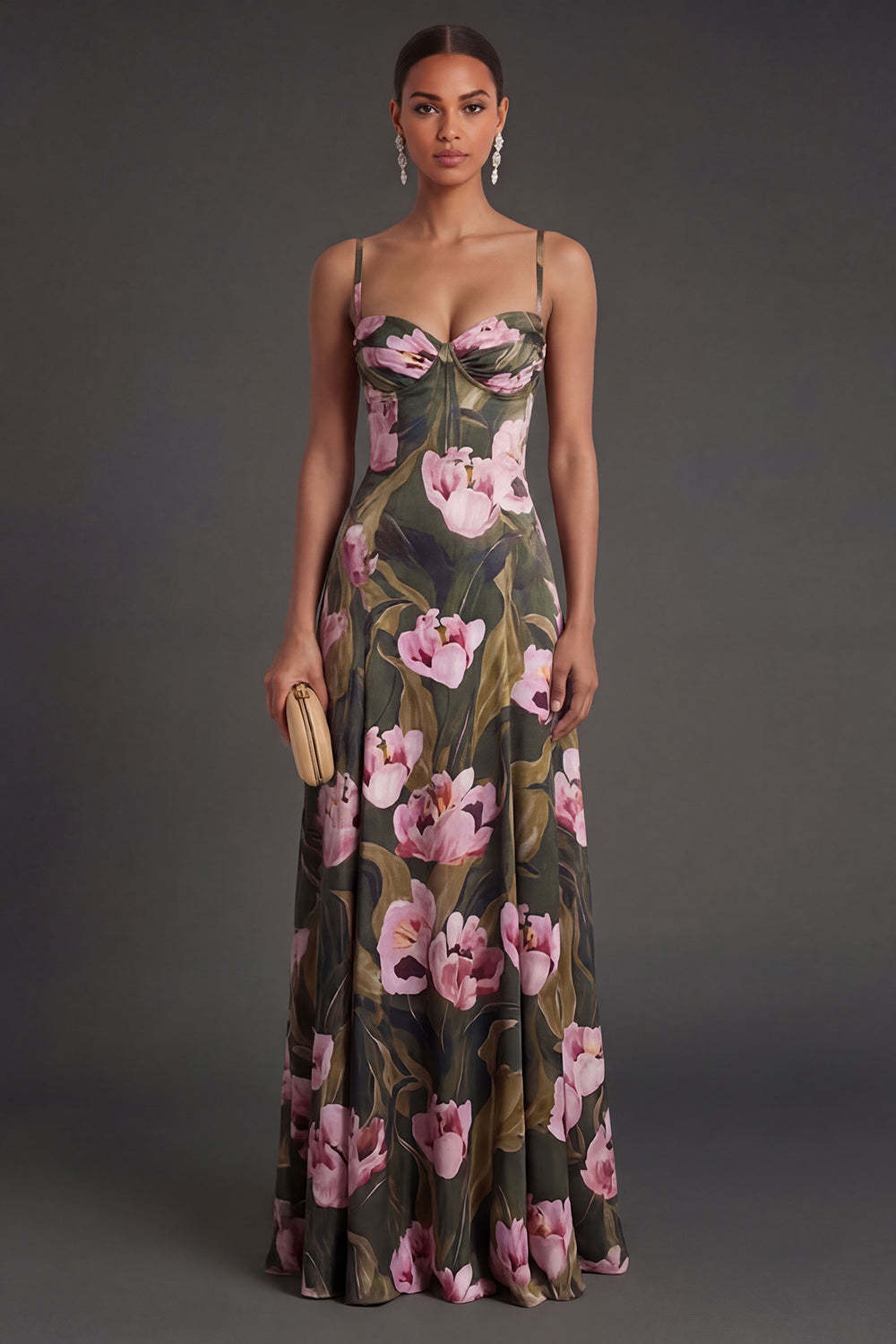 Leely Women Olive A Line Floral Spaghetti Straps Long Formal Dress Backless Sleeveless Wedding Guest Dress