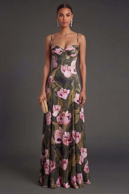 Leely Women Olive A Line Floral Spaghetti Straps Long Formal Dress Backless Sleeveless Wedding Guest Dress