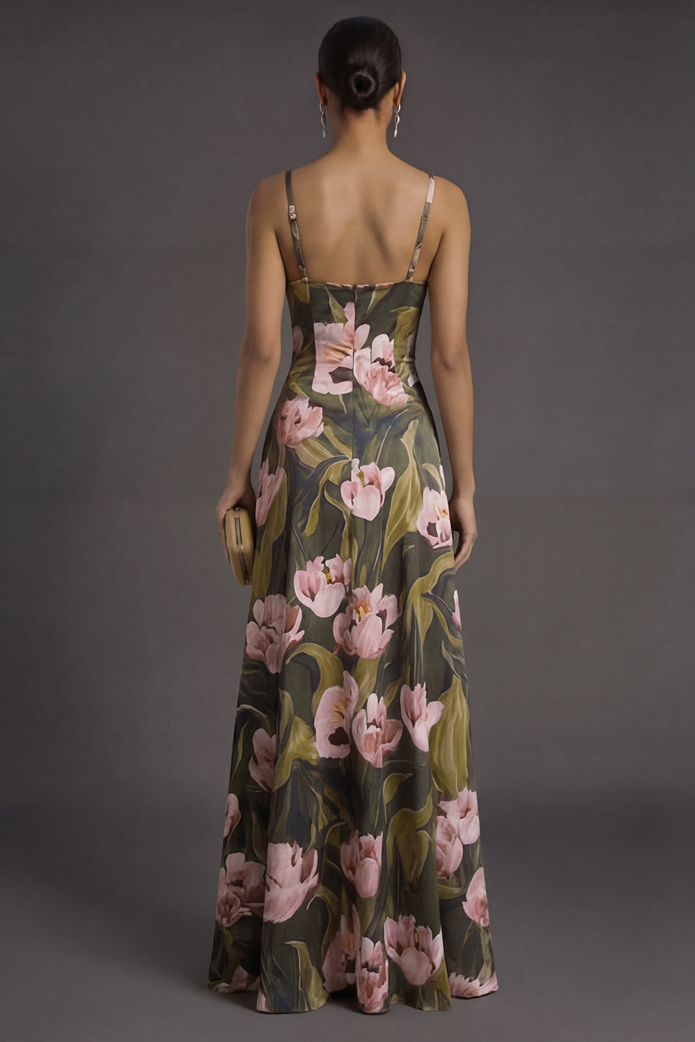 Olive A Line Floral Spaghetti Straps Backless Sleeveless Long Formal Dress