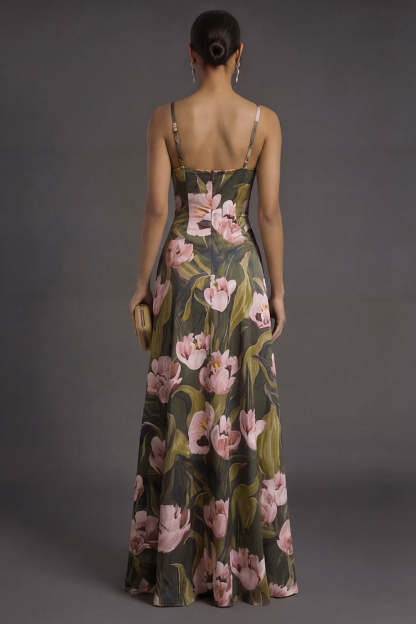 Olive A Line Floral Spaghetti Straps Backless Sleeveless Long Formal Dress
