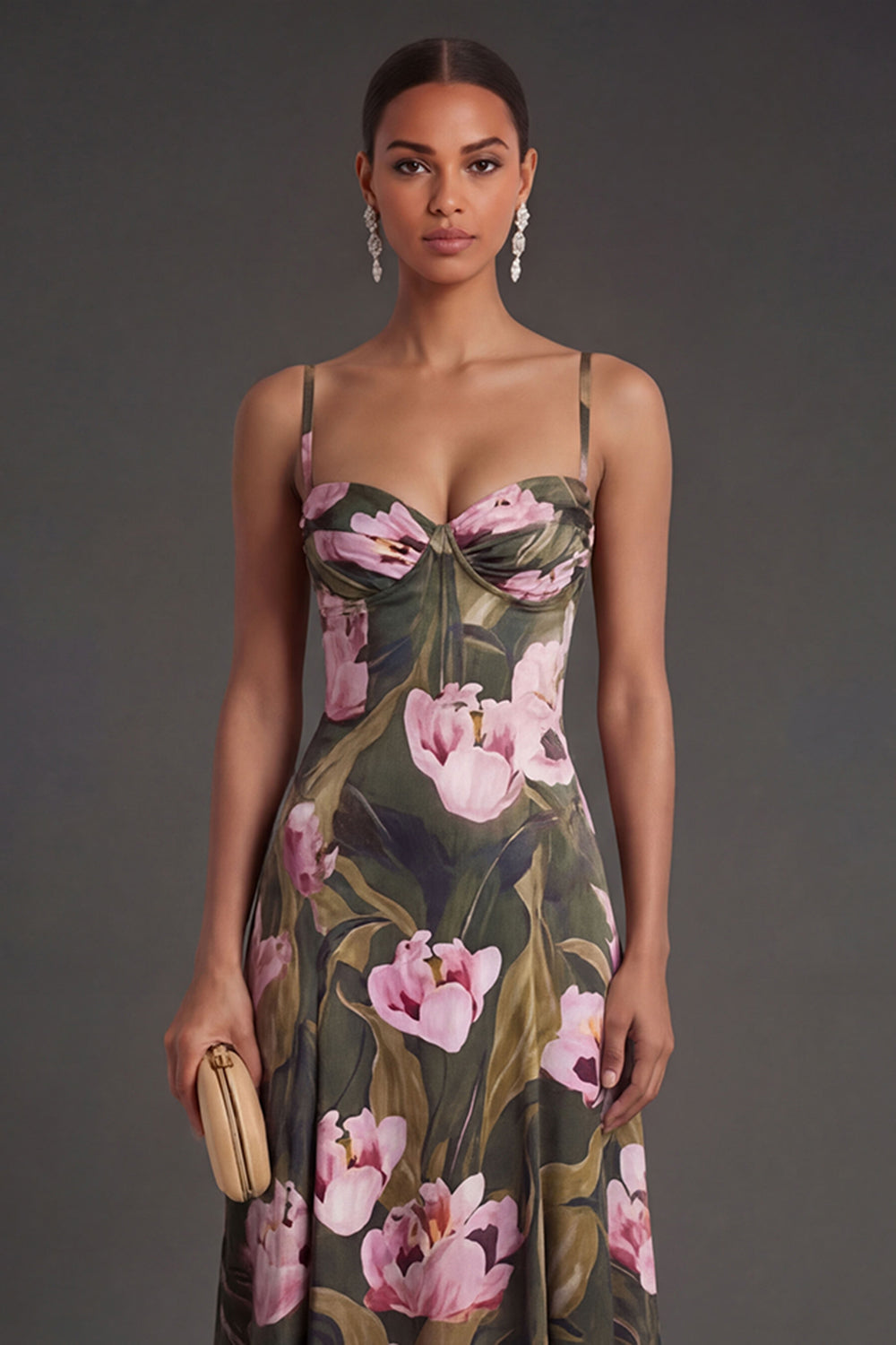 Olive A Line Floral Spaghetti Straps Backless Sleeveless Long Formal Dress