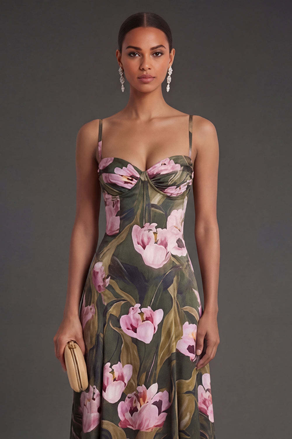 Olive A Line Floral Spaghetti Straps Backless Sleeveless Long Formal Dress