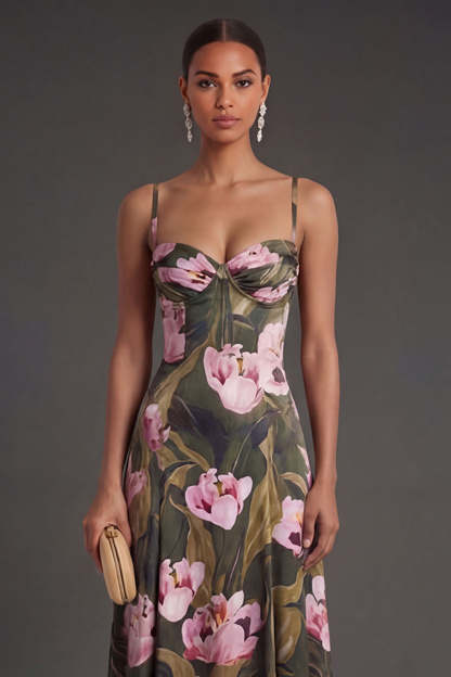 Olive A Line Floral Spaghetti Straps Backless Sleeveless Long Formal Dress