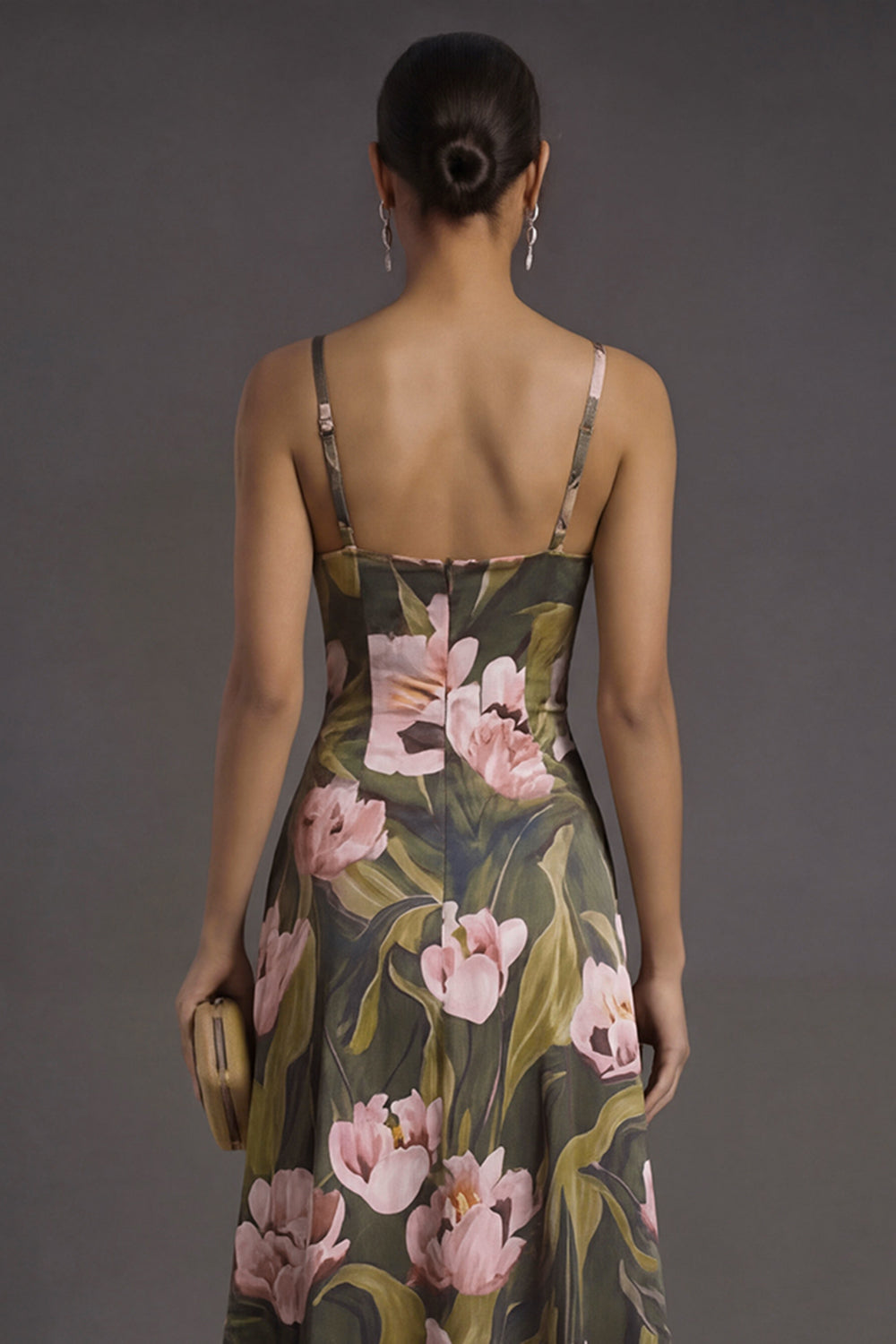 Olive A Line Floral Spaghetti Straps Backless Sleeveless Long Formal Dress